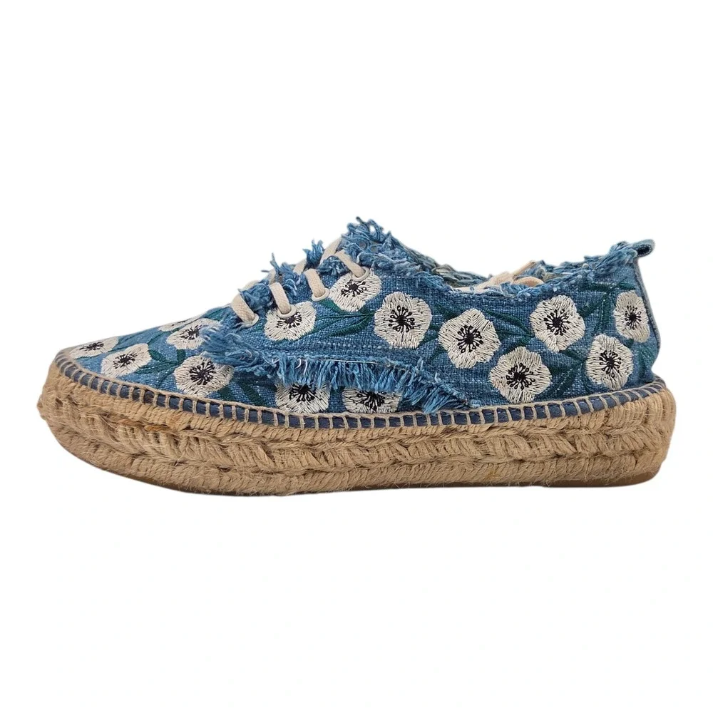 Made in Spain Espadrille Platform Sneakers Blue Floral Embroidered Frayed 7.5/38